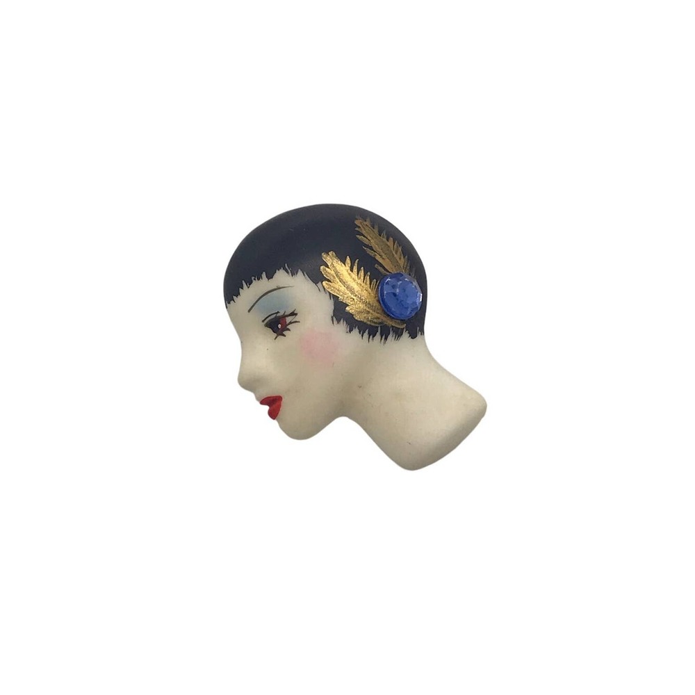 Vintage plastic flapper Art Deco Face Brooch